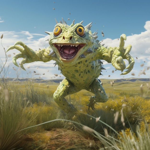 Energetic creature hopping around in open grasslands