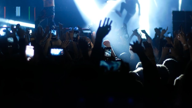 Energetic crowd dancing with their hands up at the punk concert blue lighting