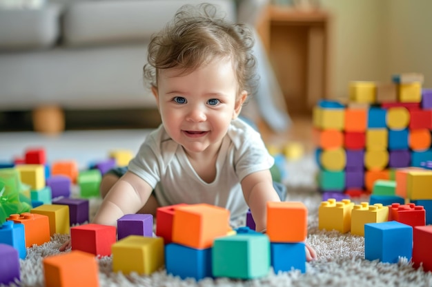 エネルギーに満ちた可愛い赤ちゃんがカラフルなブロックで遊んでいます