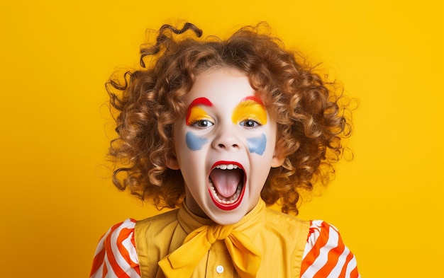 Energetic curly haired child shouting in clown makeup