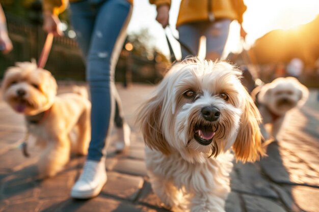 活気のある犬が飼い主と散歩し活発な夕暮れの背景を楽しんでいます