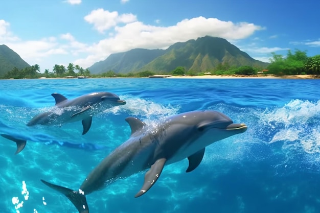 Energetic dolphins dance above ocean waves showcasing Hawaii's marine splendor