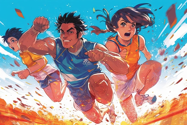 Energetic and dynamic sports athletes in action spirit of competition and athleticism across different sports disciplines manga style Anime illustration generative ai