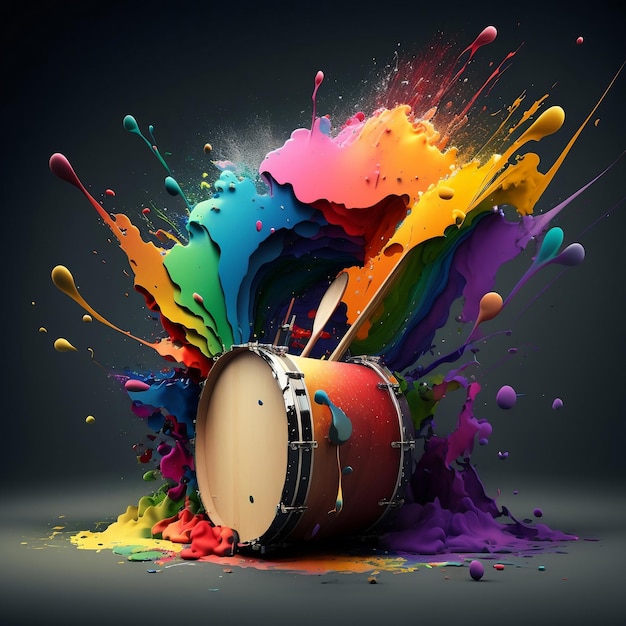 Energetic explosion of drums painted in a rainbow Generative Ai