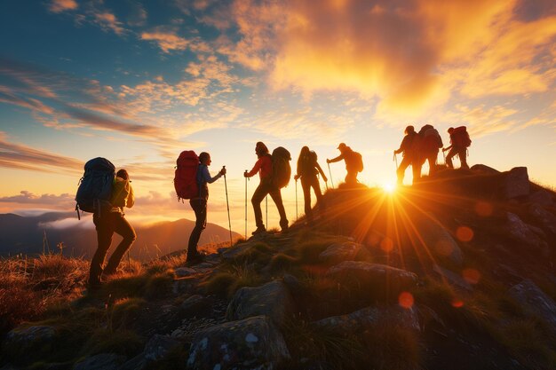 Energetic Hikers Conquering Mountain Trail Sunset Glory