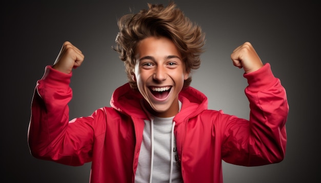 Energetic joyful teenager celebrating success with arms raised