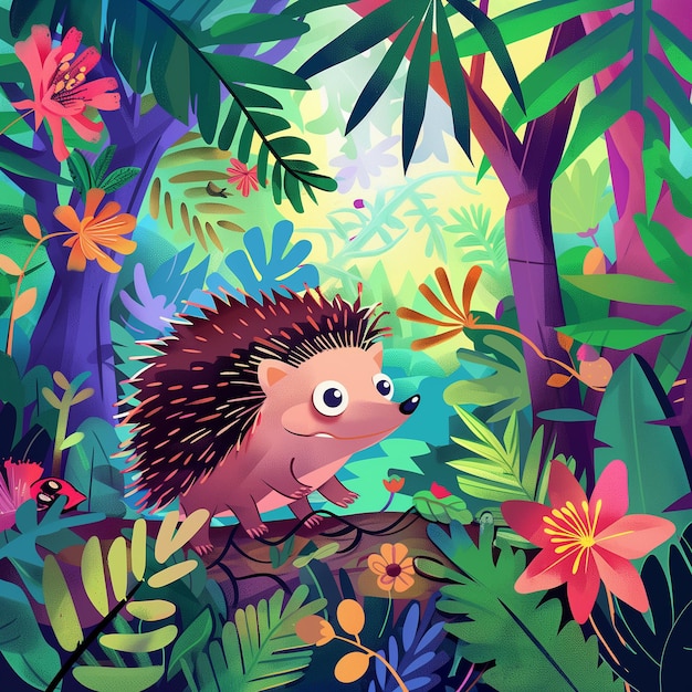 Photo energetic jungle scene playful hedgehog illustration