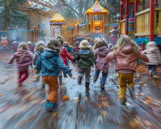 Energetic kids playground with a blur of children laughing and playing