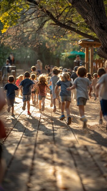 Photo energetic kids playground with a blur of children laughing and playing