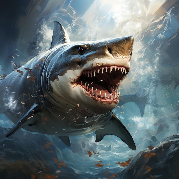 An energetic and majestic shark art generative ai