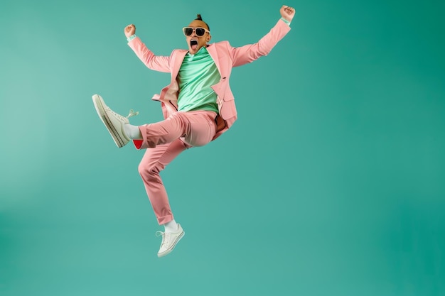 Photo energetic man in pink suit jumping