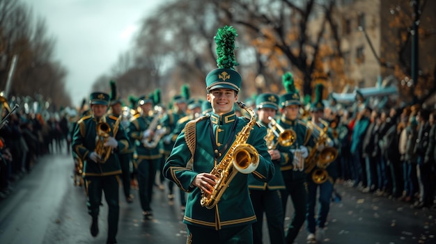 Energetic marching band in green uniforms St Patricks Day parade