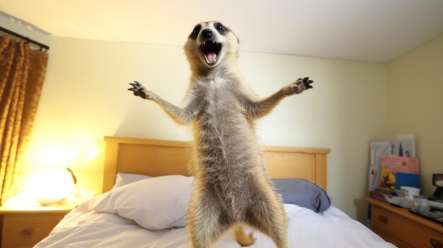 Energetic Meerkat Jumping On Bed Sheets National Geographic Style Photo