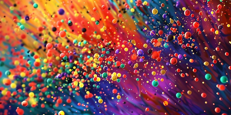 Photo energetic multicolored paint splatters forming a dynamic visually captivating background with intense colors