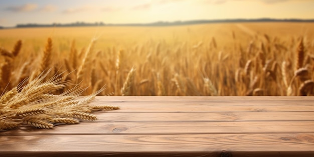 Foto immagine energica di una fattoria di grano con un tavolo di legno in primo piano