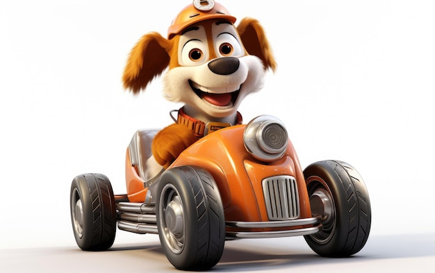 Foto energico meccanico di auto da corsa cane a cavallo di auto arancione con personaggio 3d sorridente isolato su sfondo bianco