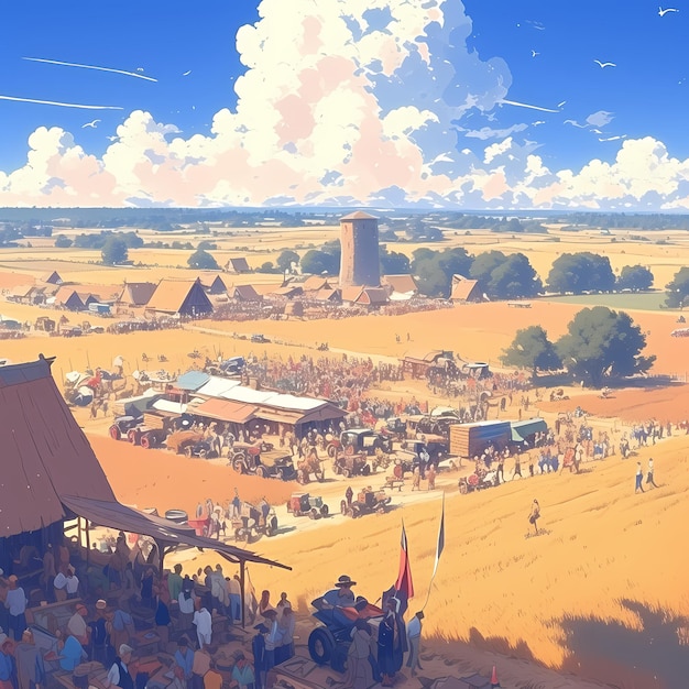 Energetic Rural Gathering Amidst Grain Fields and Windmills