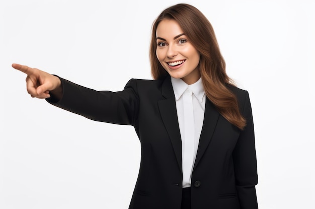 Energetic saleswoman exuding confidence showcasing banner with enthusiasm