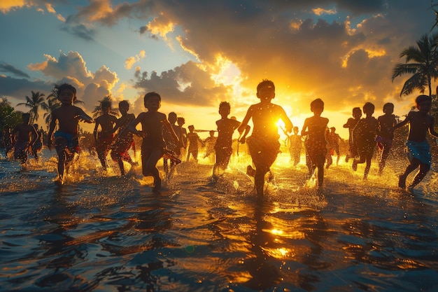 Energetic scene of people playing traditional games during Sinhala New Year festivities