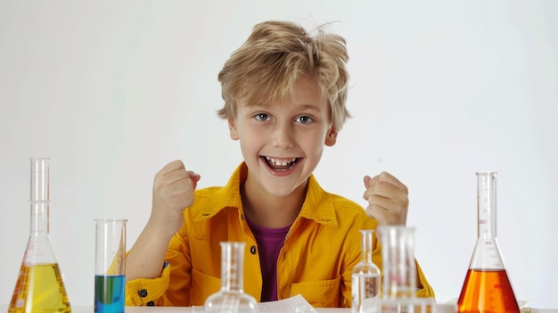 Photo energetic schoolboy engaged in science fair on isolated white background