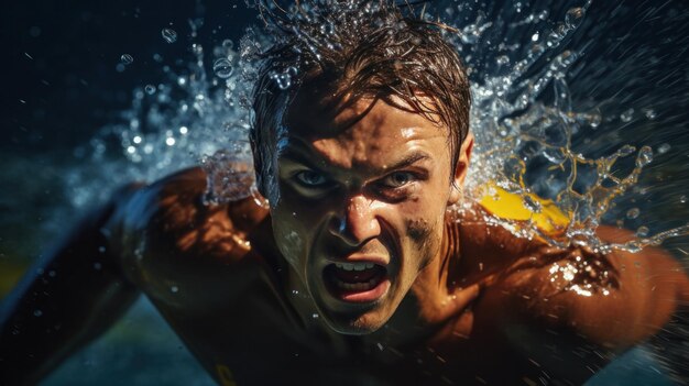 Energetic shot of a swimmer racing through the water like a torped