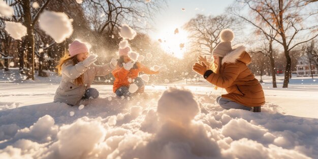 Photo an energetic snowball fight among friends in a winter park