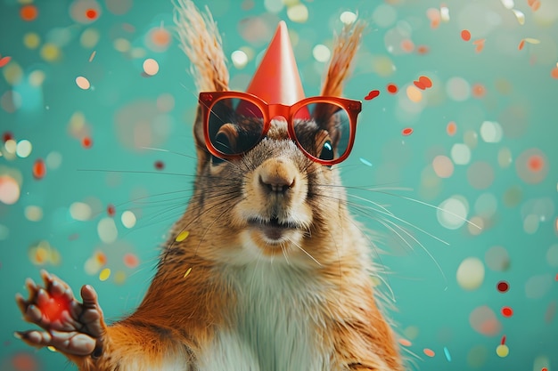 Foto uno scoiattolo energico che celebra con un costume festivo e occhiali da sole