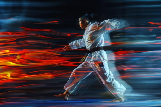 Photo energetic taekwondo attire in motion capturing the spirit of summer olympic games