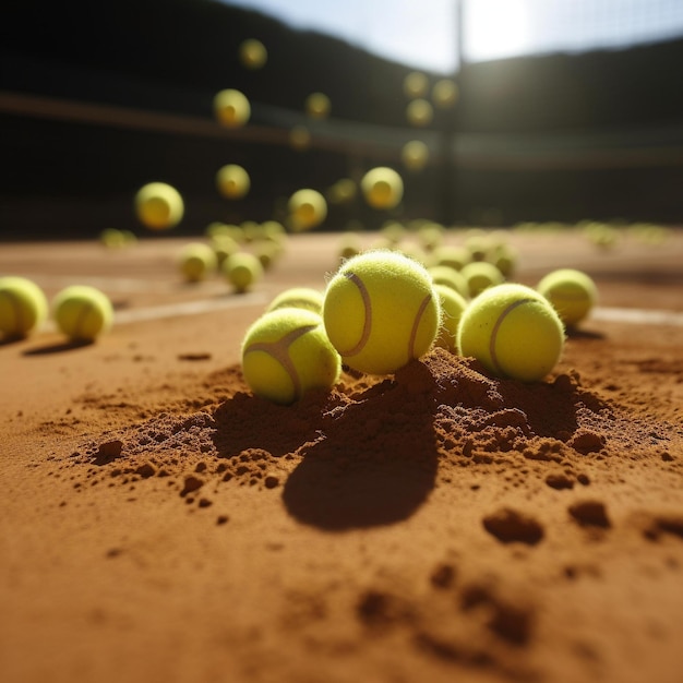 Energetic tennis scene a vibrant clay court with bouncing ball rackets and balls in the sunlight