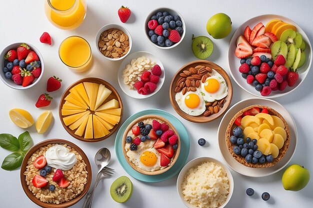 Energetic varied and healthy breakfast on white background