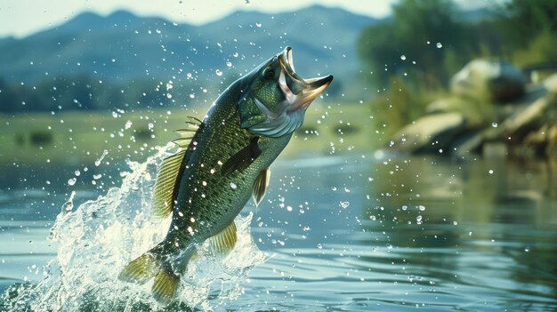 Photo energetic walleye fish leaping out of water