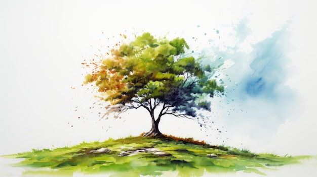 Energetic Watercolor Illustration Of A Tree With Spray Drops On Blue Background