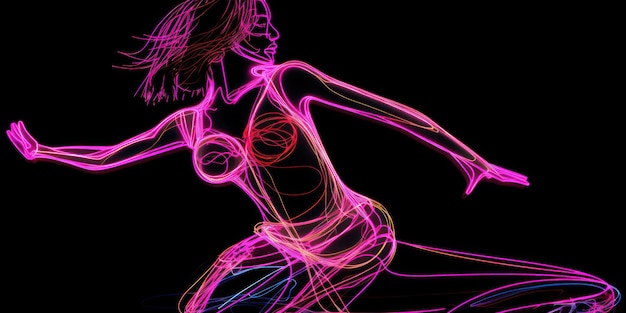 Energetic Woman Posing in Neon Chalk Doodle Line Art AI Generated