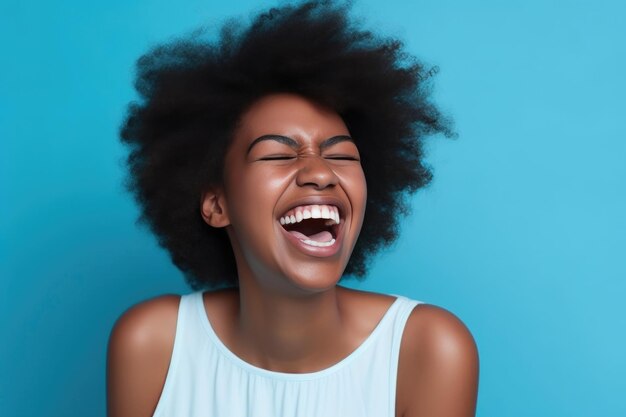 Energetic young AfricanAmerican woman enjoying a laugh against a vibrant blue backdrop Generative AI