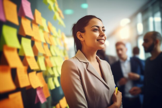 Energetic Young Businesswoman And Team Engage In Productive Sticky Note Brainstorming Session