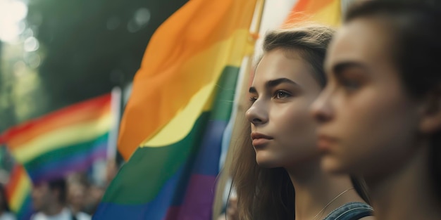 Energetic young crowd holding up rainbow flags and signs during the Pride Parade Generative AI