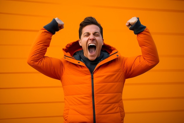 Photo energetic young man celebrates with fist pumped against vibrant orange