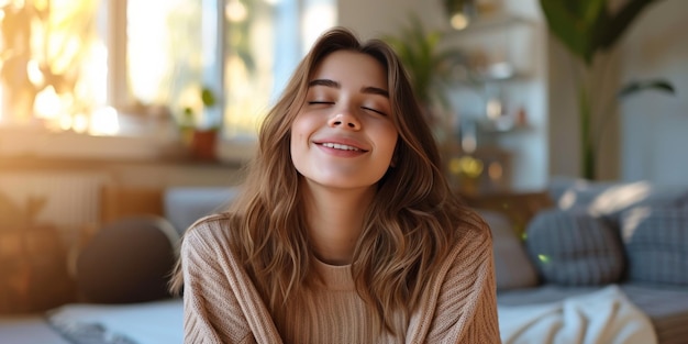 An Energetic Young Woman Embraces Joy While Relaxed At Home