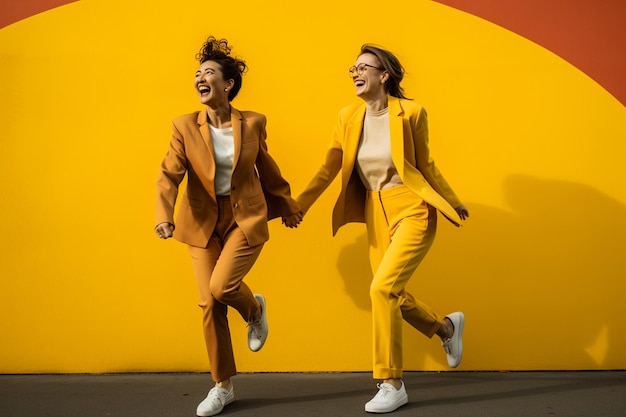 Energetic young women friends having fun with each other in yellow dress in casual background