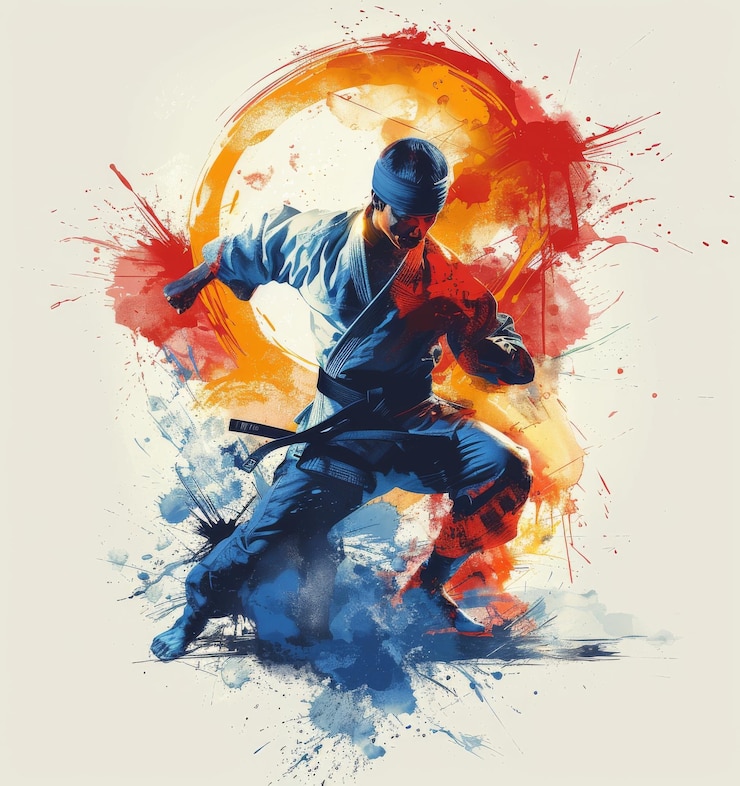 Foto energetische judo-speler in waterverf splash voor t-shirt design