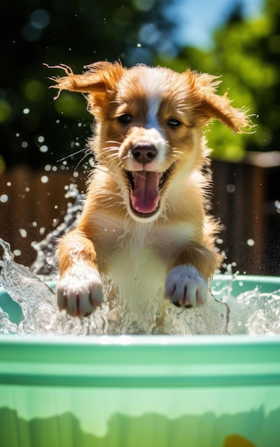 Energetische puppy geniet van Kiddie Pool Splash