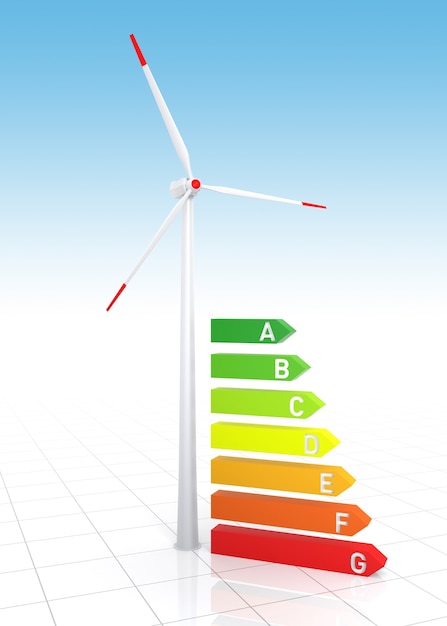 Energie-efficiëntie staafdiagram en windturbine. Digitaal gegenereerde afbeelding.