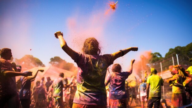 energie en enthousiasme van een Holi processie met mensen die dansen en zingen op het ritme van muziek