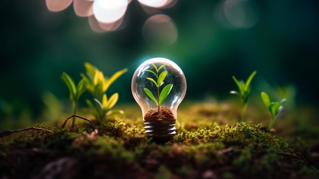 energiebesparende gloeilamp en boom groeit in de lamp