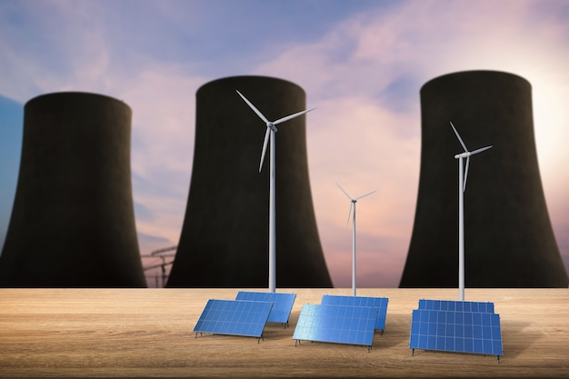 Energieconcept met 3D-rendering zonnecellen, windturbines en kernreactoren