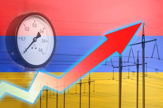 Foto energiecrisis grafiek op de achtergrond van de vlag van armenië wereldwijde energiecrisisconcept