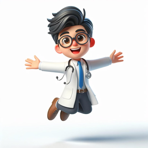 Energieke 3D geanimeerde dokter springt gelukkig cartoon stijl levendige kleuren overdreven kenmerken