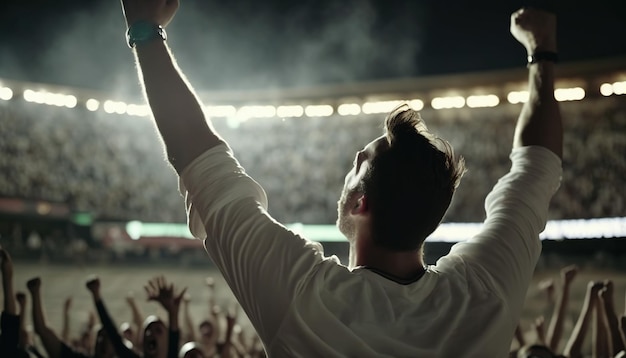 Energieke jongvolwassen man triomfantelijk met juichende fans in een vol stadion Generatieve AI