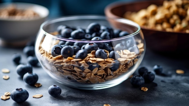 Energieke muesli met noten en bosbessen AI gegenereerd