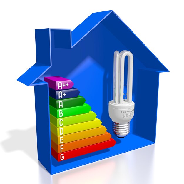 Foto energieverbruik efficiëntie rating grafiek huisvorm en gloeilamp 3d illustratie